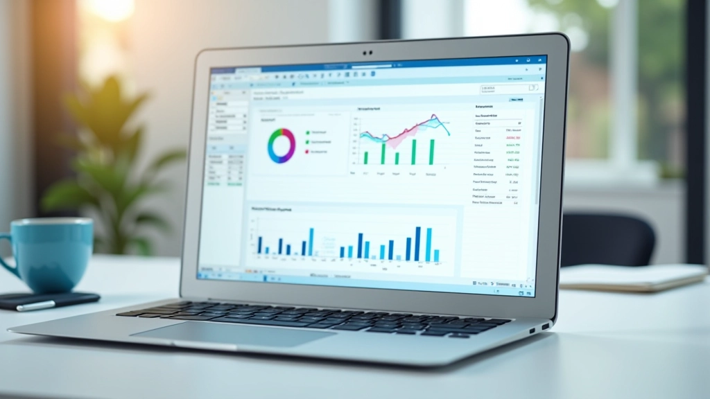 Kompiuterio ekranas su Excel skaičiuokle, rodančia spalvotus grafikus ir biudžeto duomenis