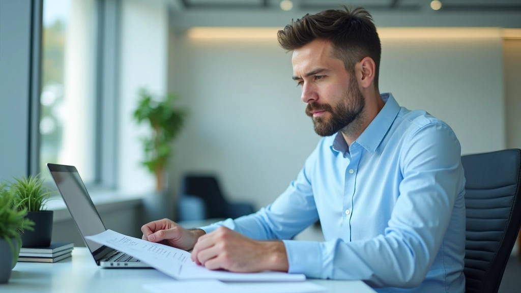 Žmogus 35 metų, vilkintis blyškai mėlyną švarką, sėdi prie kompiuterio, kuriame matosi Excel formulės, šviesi biuro aplinka