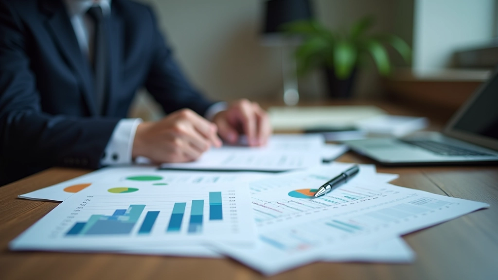 Biuro stalas su notesu, skaičiuokle ir finansiniais grafikos, modriai nušviesta
